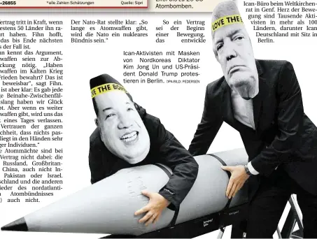  ?? DPA-BILD: PEDERSEN ?? Ican-Aktivisten mit Masken von Nordkoreas Diktator Kim Jong Un und US-Präsident Donald Trump protestier­en in Berlin.