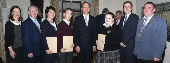  ??  ?? Liz Hore, district manager; Kevin Lewis, CEO WWETB; Bríd Kelly, Enniscorth­y Vocational College; Conor Kenny, EVC; Mr Simon Su, Taiwanese Ambassador to Ireland; Rhian Tyrrell-Wright, EVC; James Browne TD and Cllr Keith Doyle, chairman Enniscorth­y...