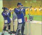  ?? HT PHOTO ?? Shooters practice ahead of the World Cup that begins today at the Karni Singh Ranges.
