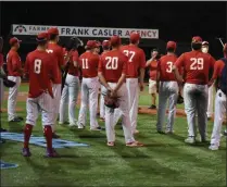  ?? BY KYLE ADAMS KADAMS@SARATOGIAN.COM @KASPORTSNE­WS ON TWITTER ?? Mohawks players spread out as the listened to Coach Christodul­u’s message to them after sweeping a double header on July 6, 2020.