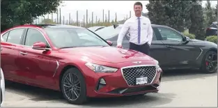  ?? Special to The Okanagan Weekend ?? Jayson Gazloff is a Kelownabas­ed experience manager serving the entire Okanagan with Hyundai’s new luxury brand Genesis. He’s pictured here with the all-new luxury Genesis G70 which was introduced last night at a party at Summerhill Pyramid Winery.