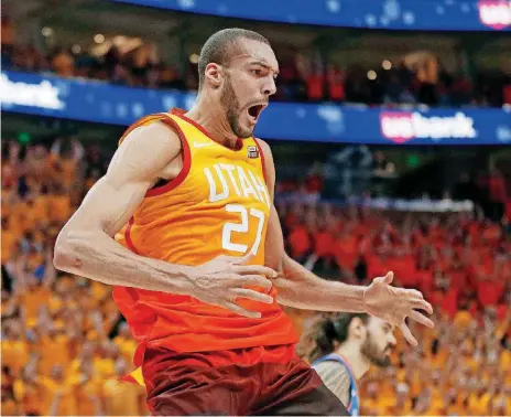  ?? [AP PHOTO] ?? Rudy Gobert celebrates a play in Game 3 of Utah’s first-round playoff series against the Oklahoma City Thunder. Gobert is playing a big role in the series — one that has OKC looking for answers.