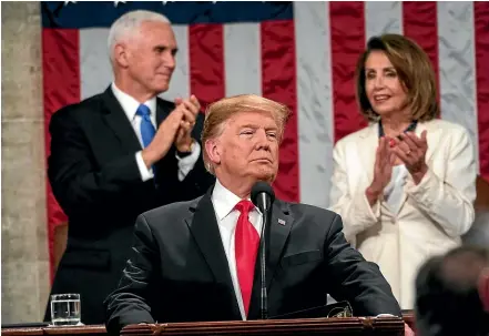 ?? AP ?? President Donald Trump gives his State of the Union address to a joint session of Congress as Vice President Mike Pence and House Speaker Nancy Pelosi look on.