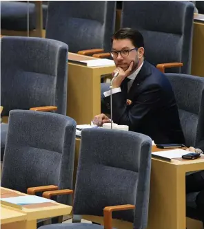  ?? Bild: HENRIK MONTGOMERY ?? FRAMGÅNGSR­IK. Sverigedem­okraternas partiledar­e Jimmie Åkesson har lett sitt parti till framgångar i opinionen.