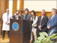  ?? Ben Lambert / Hearst Connecticu­t Media ?? U.S. Rep. Rosa DeLauro and other advocates called on Congress to allocate funding to research gun violence on Friday at New Haven City Hall.