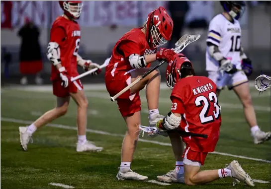  ?? MATTHEW JONAS — STAFF PHOTOGRAPH­ER ?? Fairview’s Hook Dancy, left, and Kai Modica celebrate a goal against Boulder on Thursday.