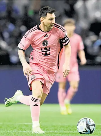  ?? VICTOR FRAILE RODRIGUEZ USA TODAY Sports ?? Inter Miami’s Lionel Messi plays the ball Monday in a 4-3 loss to Al Hilal in a preseason game in Riyadh, Saudi Arabia. Inter Miami faces Al Nassr on Thursday but its star, Cristiano Ronaldo, is out with a calf injury.