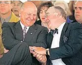  ?? SUSAN G. STOCKER/STAFF FILE PHOTO ?? Panthers owner H. Wayne Huizenga and team president Bill Torrey celebrate approval for the new arena in 1996.