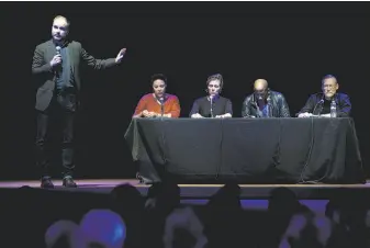  ?? Scott Strazzante / The Chronicle ?? Artistic Director Bryan Doerries introduces cast members Linda Powell, Frances McDormand, Reg E. Cathey and James Carpenter before “Hercules in the Bayview” at Bayview Opera House.