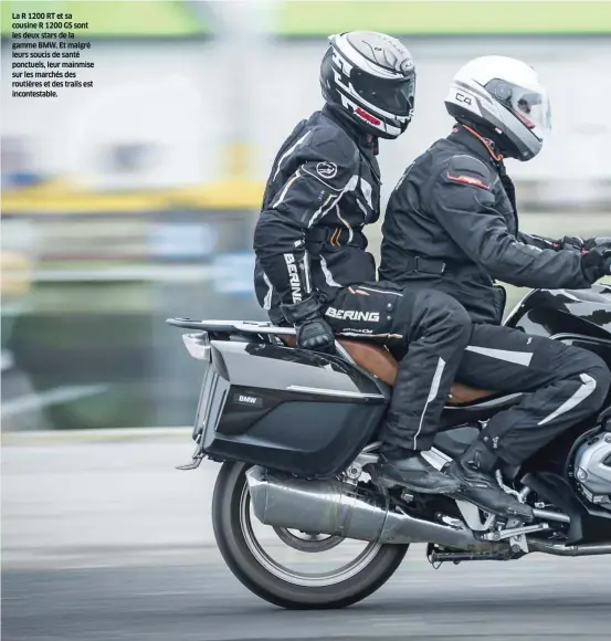  ??  ?? La R 1200 RT et sa cousine R 1200 GS sont les deux stars de la gamme BMW. Et malgré leurs soucis de santé ponctuels, leur mainmise sur les marchés des routières et des trails est incontesta­ble.