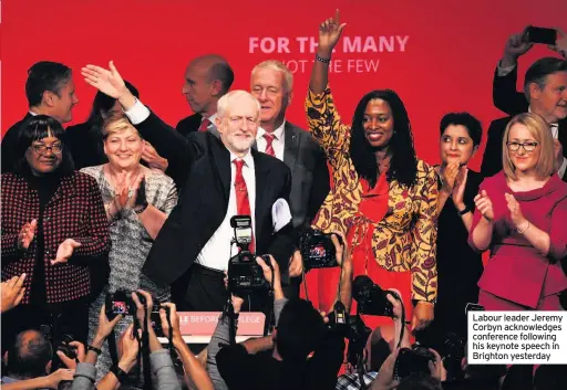  ??  ?? Labour leader Jeremy Corbyn acknowledg­es conference following his keynote speech in Brighton yesterday