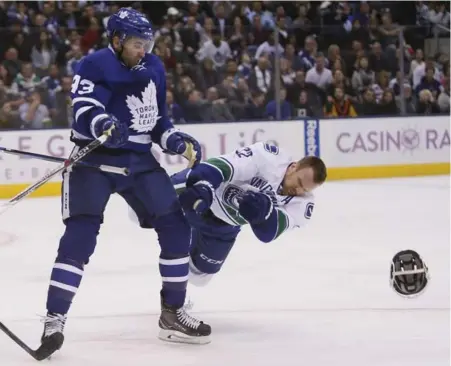  ?? JOHN E. SOKOLOWSKI/USA TODAY SPORTS ?? Leaf Nazem Kadri hits Daniel Sedin of the Canucks — in the act of scoring — in the third period, a play that the league will likely want to review.