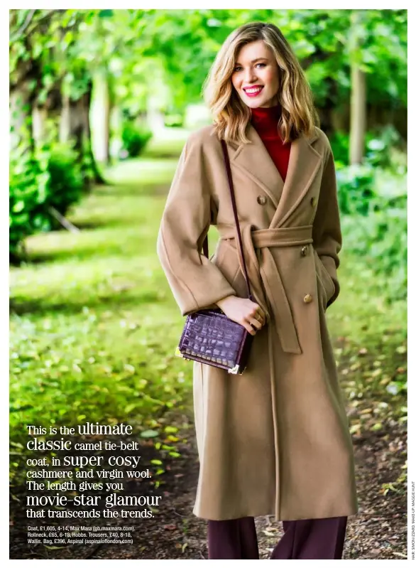  ??  ?? Coat, £1,605, 4-14, Max Mara (gb.maxmara.com). Rollneck, £65, 6-18, Hobbs. Trousers, £40, 8-18, Wallis. Bag, £396, Aspinal (aspinalofl­ondon.com)