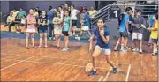  ?? DEEPAK GUPTA/HT PHOTO ?? Kriti Chaubey celebrates a point during her match while other shuttlers watch her play in Lucknow on Friday.