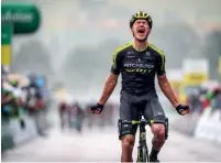  ??  ?? Juul Jensen celebrates winning a stage of the 2018 Tour de Suisse