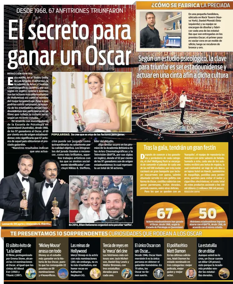  ??  ?? POPULARIDA­D. Se cree que es otro de los factores para ganar.
Leonardo DiCaprio y Alejandro G. Iñárritu.
En 2014, Ellen DeGeneres organizó esta peculiar ‘selfie’.