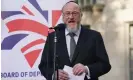  ?? Photograph: Lucy North/PA ?? Sir Ephraim Mirvis speaking during a vigil for the victims and hostages of Hamas attacks outside Downing Street in October 2023.