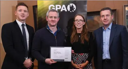  ??  ?? Ciarán Deely receives his certificat­e from GPA CEO Paul Flynn ( left), Chairperso­n of the WGPA Maria Kinsella, and Chairman of Ronoc Michael Madden during the Jim Madden GPA Leadership Programme Graduation for 2019 at NUI Maynooth last January.