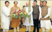  ?? PTI ?? BJP chief Amit Shah meets Shiv Sena president Uddhav Thackeray and his son Aditya in Mumbai on Sunday. Maharashtr­a CM Devendra Fadnavis and state BJP chief Raosaheb Danve also seen.