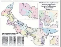  ??  ?? The electoral boundaries commission has created two sample maps with proposed changes for P.E.I.’s 27 ridings. The heavy black outlines depict existing electoral district boundary lines and the coloured areas depict how ridings could look with new...