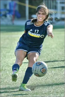  ?? Dan Watson/The Signal (See additional photos on signalscv.com) ?? College of the Canyons’ Alexa Thornblad (17) makes a shot on goal in the first half at COC on Tuesday. The Cougars beat Allan Hancock 8-0 at home to move to 3-6-1 overall on the season.