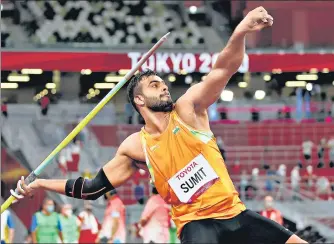  ?? PTI ?? Sumit Antil broke the world record thrice on way to winning gold in the men’s javelin at the Tokyo 2020 Paralympic­s.