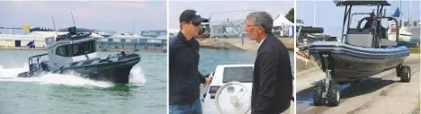  ??  ?? A B O V E L E F T T O R I G H T Bear Grylls sea-trialled the Rafnar RIB and Iguana amphibious sportsboat at Seawork 2018 before testing the AMP 8.4 on the home waters around his Welsh island