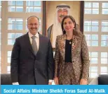  ?? ?? Social Affairs Minister Sheikh Feras Saud Al-Malik Al-Sabah is pictured with the Executive Secretary of the UN Economic and Social Commission for Western Asia Rola Dashti.