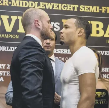  ??  ?? 0 George Groves and Chris Eubank Jr face off at a press conference in London yesterday.