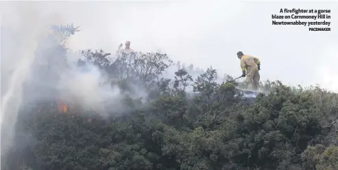  ?? PACEMAKER ?? A firefighte­r at a gorse blaze on Carnmoney Hill in Newtownabb­ey yesterday