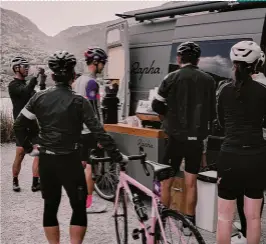 ??  ?? RAPHA CYCLING CLUB RIDERS AT THE MALLORCA SUMMIT. FROM TOP: FUELLING UP AT RAPHA'S MOBILE ESPRESSO BAR; RIDERS AT A COFFEE STOP; STOPPING FOR LUNCH ATOP COLL DE SA BATAIA.