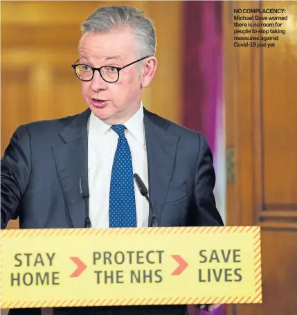  ??  ?? NO COMPLACENC­Y: Michael Gove warned there is no room for people to stop taking measures against Covid-19 just yet