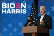  ?? CAROLYN KASTER- ASSOCIATED PRESS ?? Democratic presidenti­al candidate former Vice President Joe Biden joined by Democratic vice presidenti­al candidate Sen. Kamala Harris, D-Calif., speaks at the The Queen theater Thursday in Wilmington, Del.