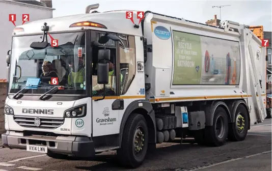  ??  ?? CCTV on wheels: Gravesham council in Kent has spent £1.7million on bin lorries equipped with seven cameras, each numbered here. The camera system provides complete surveilanc­e around the vehicle as well as inside the cab n3 n4 n1 n2 n7 n5 n