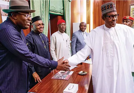  ??  ?? President Muhammadu Buhari (right); Rivers State Governor Nyesom Wike; his Delta, Akwa Ibom and Bayelsa colleagues, Ifeanyi Okowa; Udom Emmanuel, and Seriake Dickson during their meeting at the Presidenti­al Villa, Abuja…yesterday.