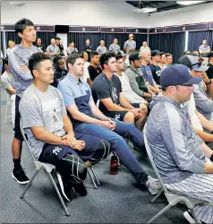  ?? N.Y. Post: Charles Wenzelberg (3) ?? LAST GO ROUND: With his teammates, family and owner Hal Steinbrenn­er (top right) in attendance Saturday, CC Sabathia formally announced his decision to retire following the 2019 season.