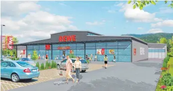  ?? GRAFIK: CONZEPT IMMOBILIEN ?? So sieht der Planentwur­f für den Rewe-Markt an der Württember­ger Straße aus, wie er Ende 2018 dann in Betrieb genommen werden soll.