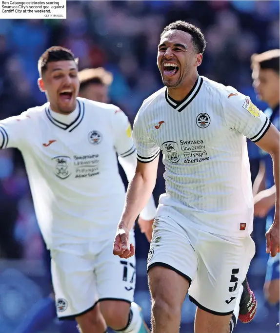  ?? GETTY IMAGES. ?? Ben Cabango celebrates scoring Swansea City’s second goal against Cardiff City at the weekend.