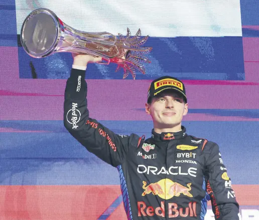  ?? ?? Red Bull’s Max Verstappen celebrates winning the Saudi Arabian F1 GP, Jeddah, Saudi Arabia, March 9, 2024.