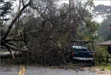  ?? PHOTOS BY DAVID ROYAL — HERALD CORRESPOND­ENT ?? A tree sits on top of a truck on Asilomar Avenue in Pacific Grove after being knocked down by the storm on Friday.