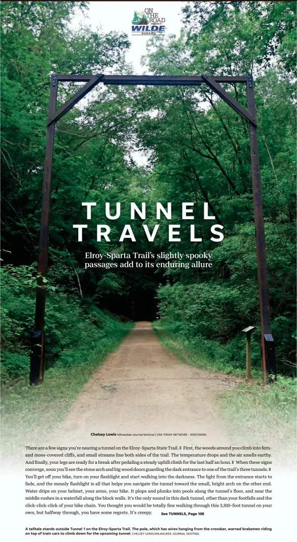  ?? CHELSEY LEWIS/MILWAUKEE JOURNAL SENTINEL ?? A telltale stands outside Tunnel 1 on the Elroy-Sparta Trail. The pole, which has wires hanging from the crossbar, warned brakemen riding on top of train cars to climb down for the upcoming tunnel.