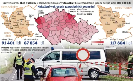  ??  ?? Sokolov 1183,51
Cheb 1149,14
Policisté mají dohlížet na dodržování opatření k omezení volného pohybu osob, podobně jako loňského března na Litovelsku.
Trutnov 1091,73 přepočteno na 100 000 obyvatel Údaje k 11. únoru 0 1183,51