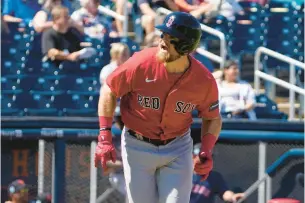  ?? JEFF ROBERSON/AP ?? Boston Red Sox’s Christian Arroyo yells after being retired during the first inning of Wednesday’s spring training game against the Houston Astros in West Palm Beach, Florida.