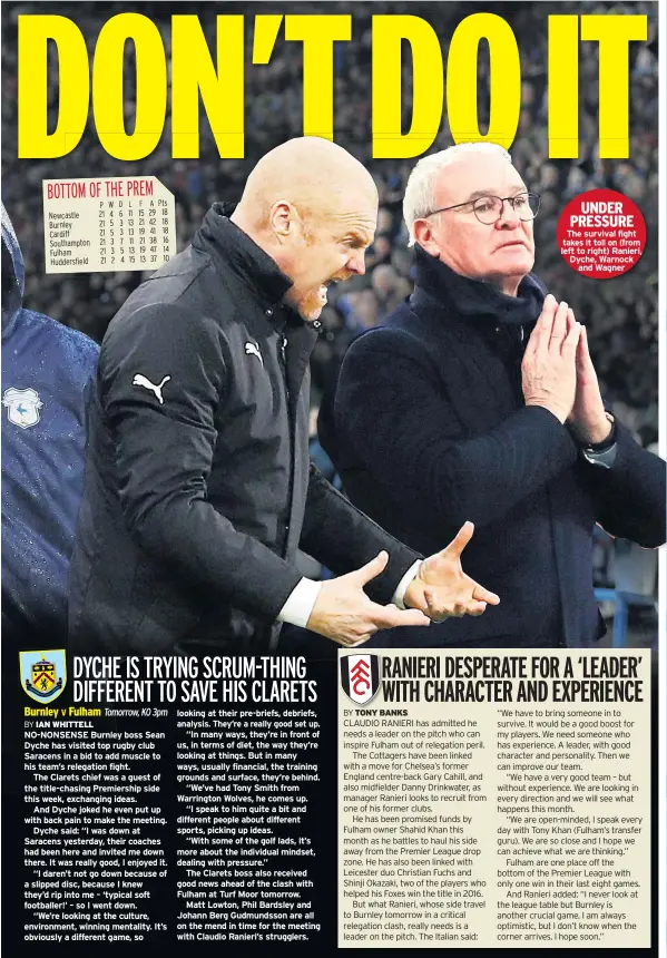  ??  ?? The survival fight takes it toll on (from left to right) Ranieri, Dyche, Warnock and Wagner 1982: 2008: BRIAN MOORE RAHUL DRAVID