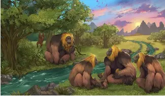  ?? ?? Cette illustrati­on représente Gigantopit­hecus blacki dans une forêt de la région de Guangxi, dans le sud de la Chine.