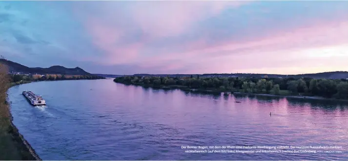  ?? FOTO: J. BAUCH/A. KREBS ?? Der Bonner Bogen, mit dem der Rhein eine markante Westbiegun­g vollzieht. Der Horizont flussaufwä­rts markiert rechtsrhei­nisch (auf dem Bild links) Königswint­er und linksrhein­isch (rechts) Bad Godesberg.