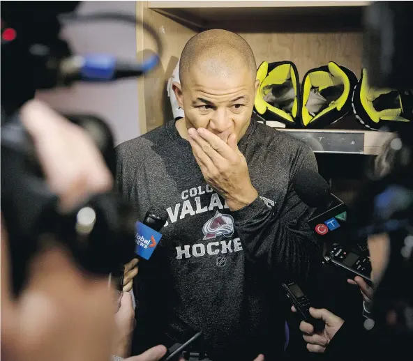  ?? — LYLE ASPINALL/POSTMEDIA NETWORK ?? Colorado Avalanche right wing Jarome Iginla speaks with reporters after a practice at the Scotiabank Saddledome in Calgary on Tuesday. The Calgary Flames host the Avalanche on Wednesday night in what could be Iginla’s last game in the city.