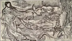  ?? (Courtesy of Arkansas Arts Center) ?? This work by Stephanie Williams is pen and sharpie on newspaper and titled The Woodsman and the Crane. It is 11 by 22 ½ inches in size.