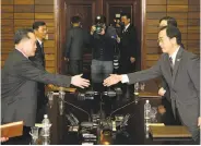  ?? Getty Images ?? North Korea’s Ri Son-Gwon (left) and South Korea’s Cho Myoung-Gyon in Panmunjom, North Korea.