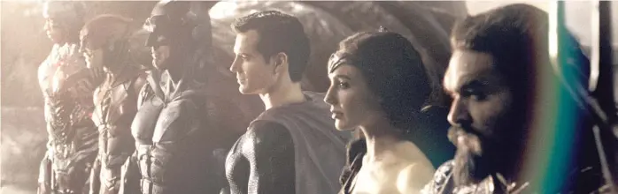  ?? WARNER BROS. ?? Teaming up in “Zach Snyder’s Justice League” are Cyborg (Ray Fisher, from left), The Flash (Ezra Miller), Batman (Ben Affleck), Superman (Henry Cavill), Wonder Woman (Gal Gadot) and Aquaman (Jason Momoa).